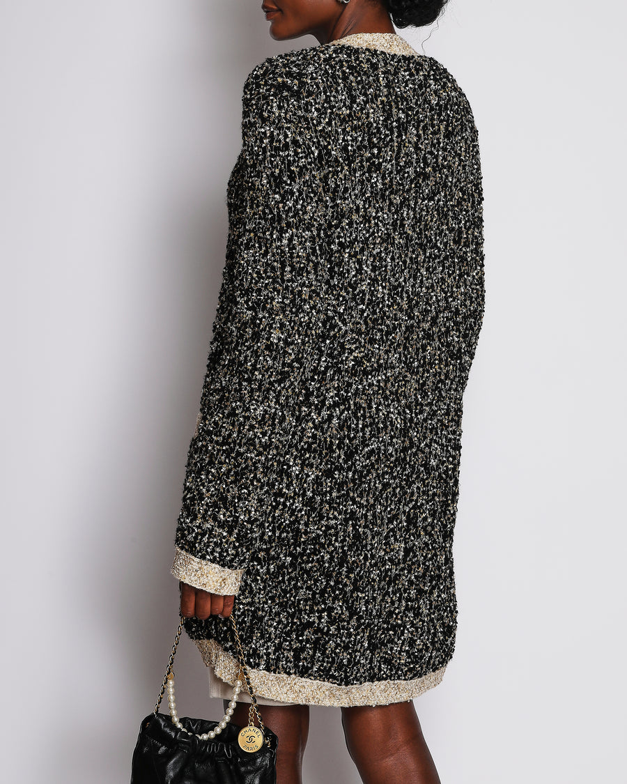 Chanel Black Bouclé Cardigan with Pockets and Gold Trim Detail Size FR 44 (UK 16)