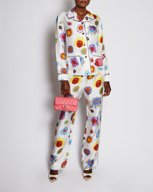 Louis Vuitton x Yayoi Kusama “Faces” White Silk Pajama Set with Multi-Colour Sun Prints Size FR 38 (UK 10) RRP £3,000