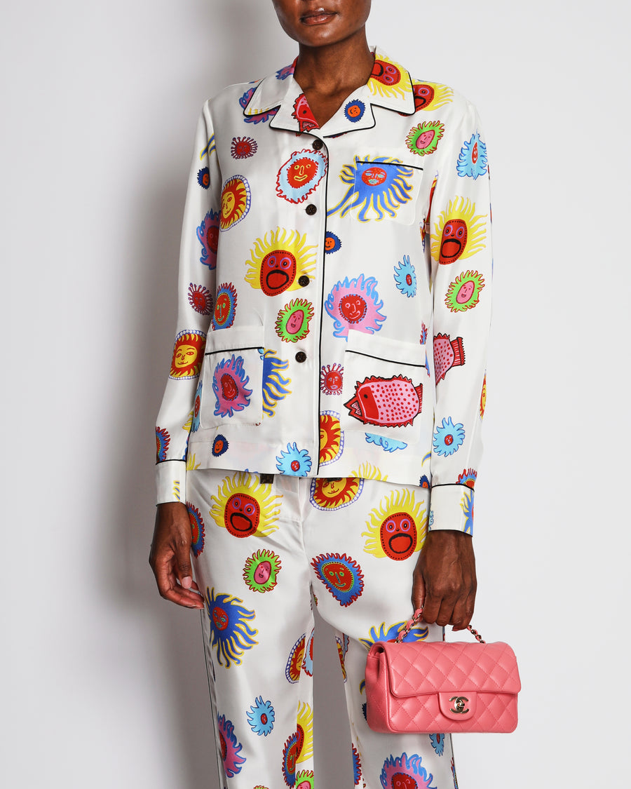 Louis Vuitton x Yayoi Kusama “Faces” White Silk Pajama Set with Multi-Colour Sun Prints Size FR 38 (UK 10) RRP £3,000