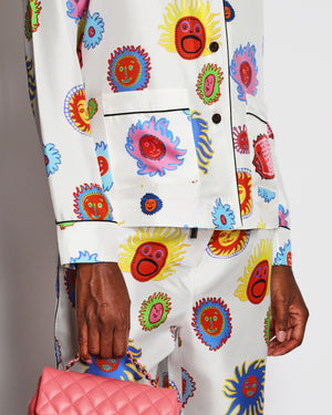 Louis Vuitton x Yayoi Kusama “Faces” White Silk Pajama Set with Multi-Colour Sun Prints Size FR 38 (UK 10) RRP £3,000