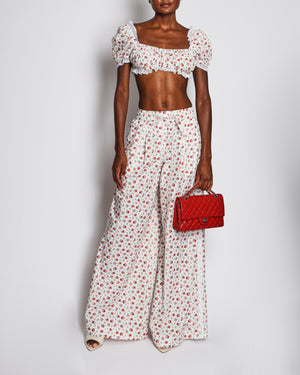 Dolce & Gabbana White and Red Floral Rose Print Short-Sleeve Crop Top and High-Waisted Wide-Leg Trousers with Lace Details Size IT 36-40 (UK 4-8)