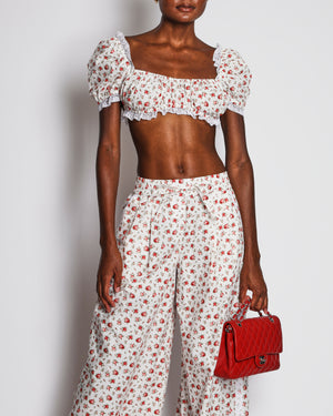 Dolce & Gabbana White and Red Floral Rose Print Short-Sleeve Crop Top and High-Waisted Wide-Leg Trousers with Lace Details Size IT 36-40 (UK 4-8)