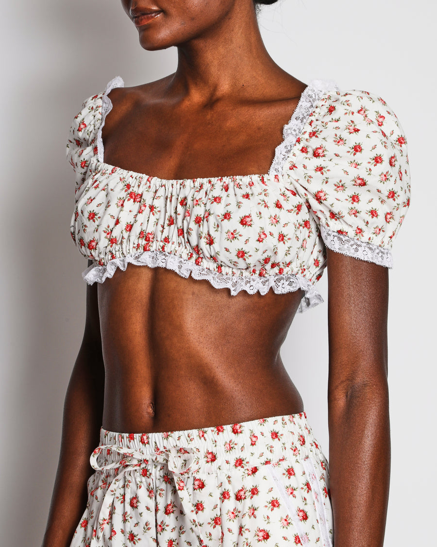 Dolce & Gabbana White and Red Floral Rose Print Short-Sleeve Crop Top and High-Waisted Wide-Leg Trousers with Lace Details Size IT 36-40 (UK 4-8)