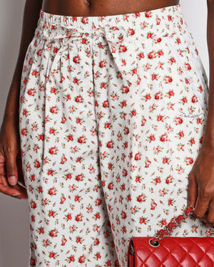 Dolce & Gabbana White and Red Floral Rose Print Short-Sleeve Crop Top and High-Waisted Wide-Leg Trousers with Lace Details Size IT 36-40 (UK 4-8)