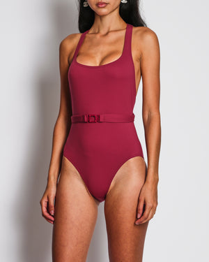 Hermès Gloria One-Piece Swimsuit with Belt and Stud Detail in Rose/Lie De Vin Size FR 38 (UK 10) RRP £480