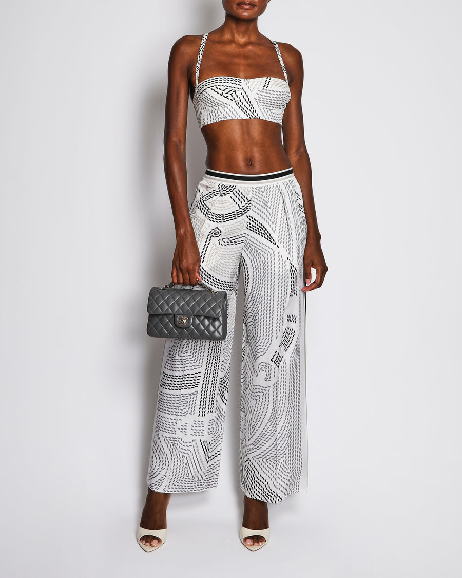 Hermès Black and White Silk Eperon d'Or Point Sellier Cropped Bustier Top and High Waisted Wide Leg Pajama Trousers Set Size FR 34/36 (UK 6/8)