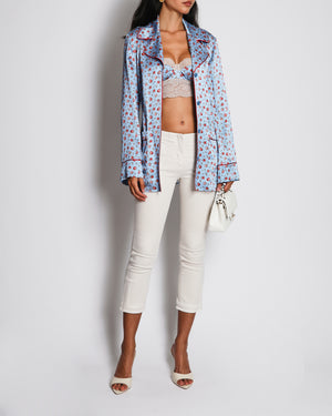 Dolce & Gabbana Blue and Red Floral Print Silk Bralette with Lace Details and Belted Kimono Jacket Set Size IT 40/2B (UK 8/34B)