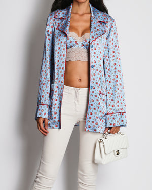 Dolce & Gabbana Blue and Red Floral Print Silk Bralette with Lace Details and Belted Kimono Jacket Set Size IT 40/2B (UK 8/34B)