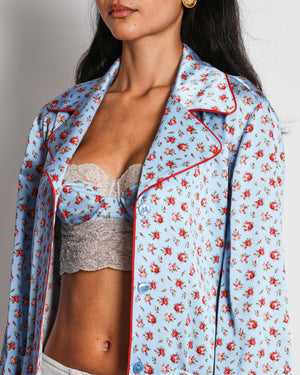 Dolce & Gabbana Blue and Red Floral Print Silk Bralette with Lace Details and Belted Kimono Jacket Set Size IT 40/2B (UK 8/34B)