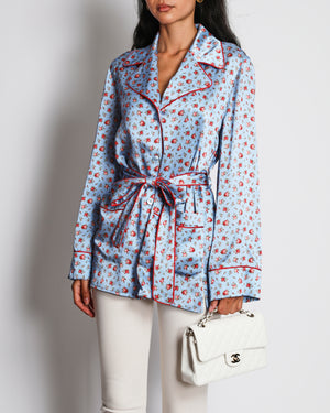 Dolce & Gabbana Blue and Red Floral Print Silk Bralette with Lace Details and Belted Kimono Jacket Set Size IT 40/2B (UK 8/34B)