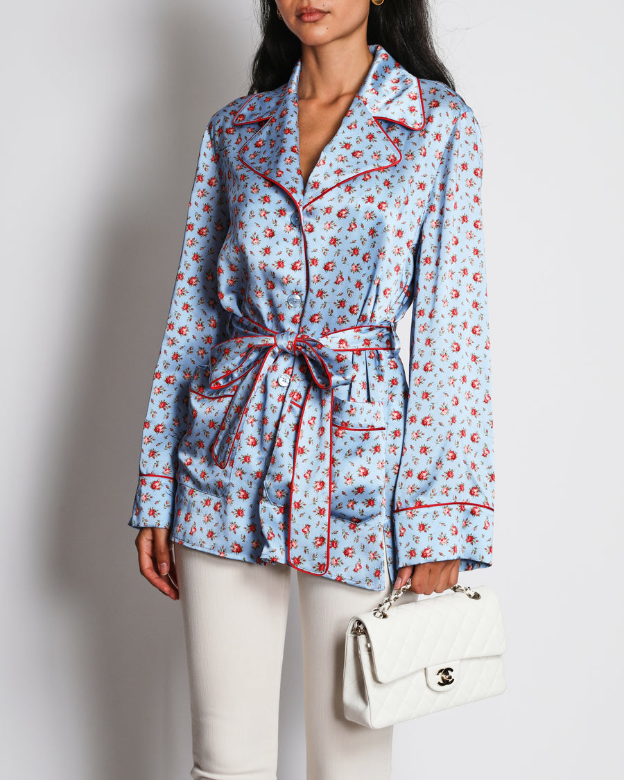 Dolce & Gabbana Blue and Red Floral Print Silk Bralette with Lace Details and Belted Kimono Jacket Set Size IT 40/2B (UK 8/34B)