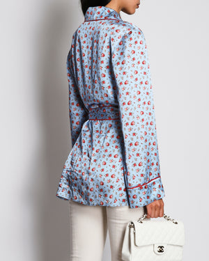 Dolce & Gabbana Blue and Red Floral Print Silk Bralette with Lace Details and Belted Kimono Jacket Set Size IT 40/2B (UK 8/34B)