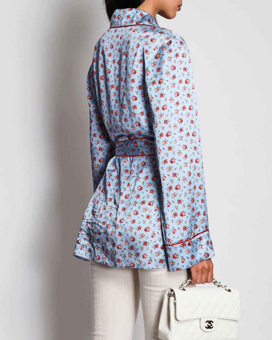 Dolce & Gabbana Blue and Red Floral Print Silk Bralette with Lace Details and Belted Kimono Jacket Set Size IT 40/2B (UK 8/34B)