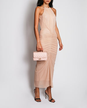 Mugler Blush Pink Ruched Maxi Dress with Halter Neck Leather Detail Size FR 36 (UK 8)