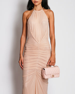 Mugler Blush Pink Ruched Maxi Dress with Halter Neck Leather Detail Size FR 36 (UK 8)