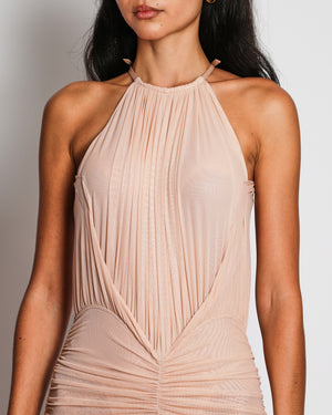 Mugler Blush Pink Ruched Maxi Dress with Halter Neck Leather Detail Size FR 36 (UK 8)