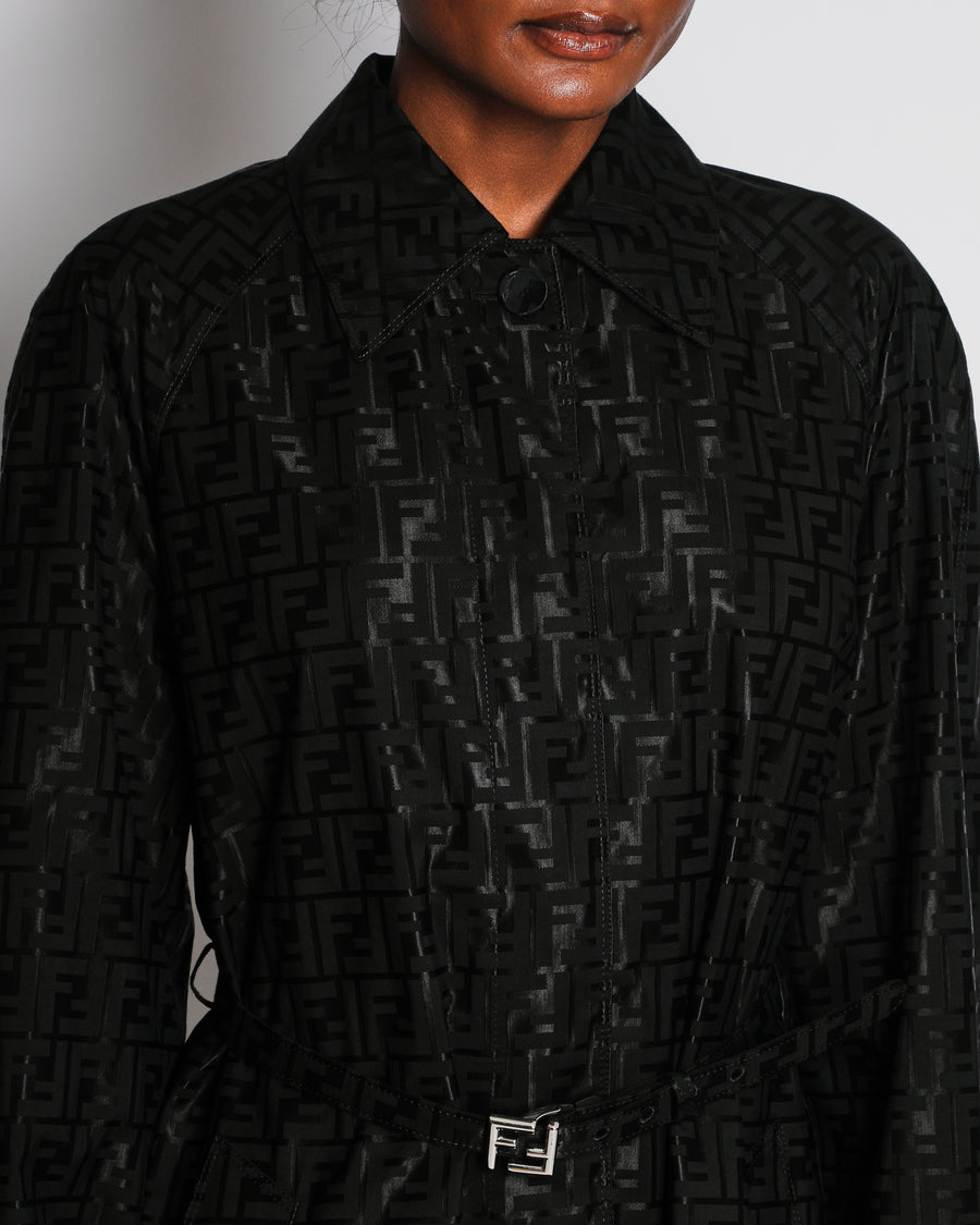 Fendi Black Logo Print Trench Coat with Belt and Silver Logo Buckle Size IT 42 (UK 10) RRP £3,900