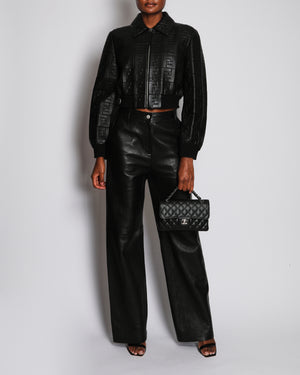 Fendi Black Cropped Logo Print Bomber Leather Jacket with Collar Detail Size IT 44 (UK 12) RRP £4,500