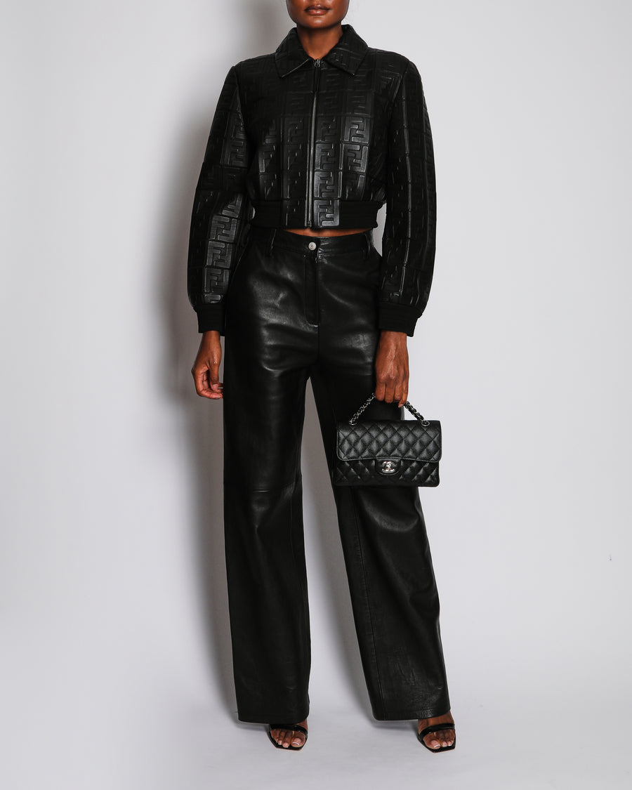Fendi Black Cropped Logo Print Bomber Leather Jacket with Collar Detail Size IT 44 (UK 12) RRP £4,500