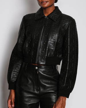 Fendi Black Cropped Logo Print Bomber Leather Jacket with Collar Detail Size IT 44 (UK 12) RRP £4,500