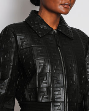 Fendi Black Cropped Logo Print Bomber Leather Jacket with Collar Detail Size IT 44 (UK 12) RRP £4,500