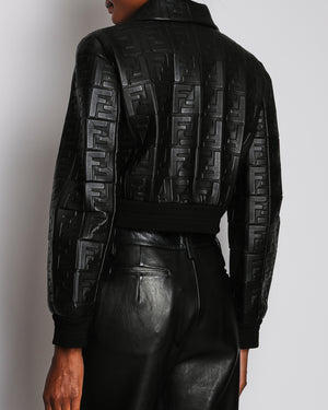 Fendi Black Cropped Logo Print Bomber Leather Jacket with Collar Detail Size IT 44 (UK 12) RRP £4,500