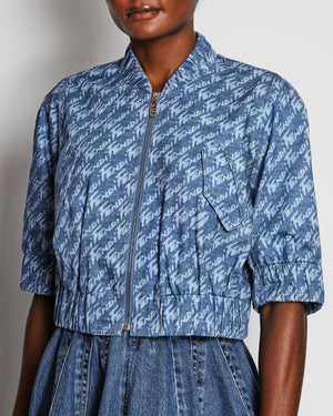 Fendi Blue Denim Short-Sleeved Cropped Bomber Jacket with Graphic Logo Print Design IT 44 (UK 12)