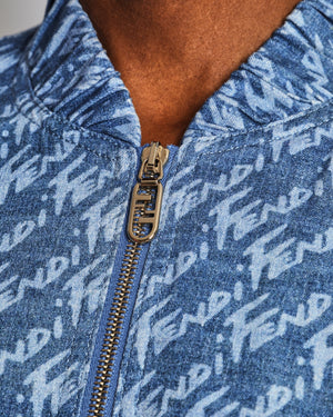 Fendi Blue Denim Short-Sleeved Cropped Bomber Jacket with Graphic Logo Print Design IT 44 (UK 12)