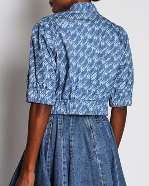 Fendi Blue Denim Short-Sleeved Cropped Bomber Jacket with Graphic Logo Print Design IT 44 (UK 12)