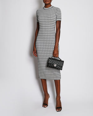Fendi Black and White Knit Embroidered FF Monogram Bodycon Short-Sleeved Midi Dress Size IT 44 (UK 12)