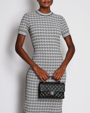 Fendi Black and White Knit Embroidered FF Monogram Bodycon Short-Sleeved Midi Dress Size IT 44 (UK 12)