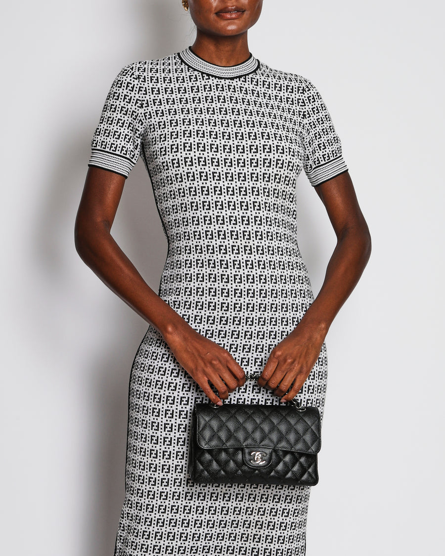 Fendi Black and White Knit Embroidered FF Monogram Bodycon Short-Sleeved Midi Dress Size IT 44 (UK 12)