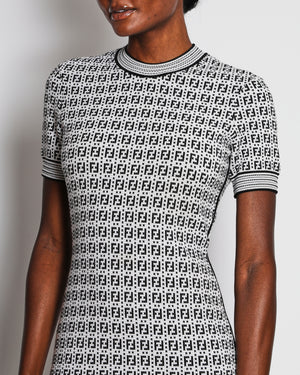 Fendi Black and White Knit Embroidered FF Monogram Bodycon Short-Sleeved Midi Dress Size IT 44 (UK 12)