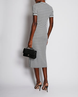 Fendi Black and White Knit Embroidered FF Monogram Bodycon Short-Sleeved Midi Dress Size IT 44 (UK 12)