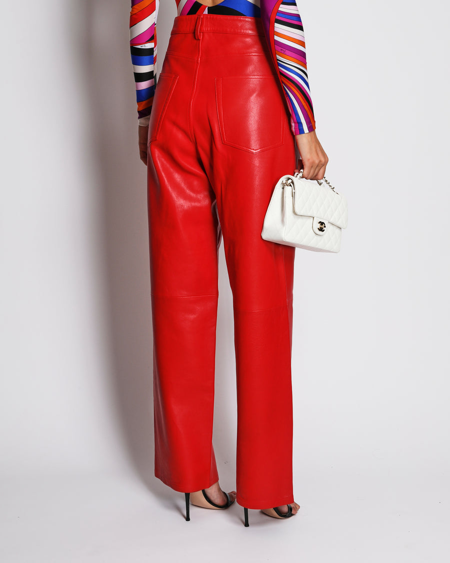 Róhe Red Lambskin Leather Wide-Leg Trousers Size FR 38 (UK 10) RRP £1,250