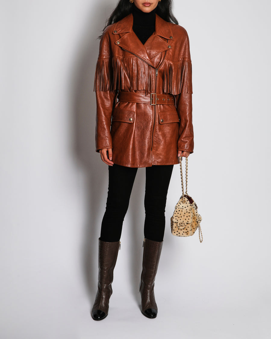 Chloé Belted Leather Jacket in Clay Brown with Fringe Details Size FR 40 (UK 12) RRP £5,700