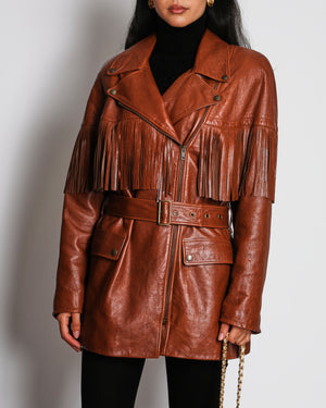 Chloé Belted Leather Jacket in Clay Brown with Fringe Details Size FR 40 (UK 12) RRP £5,700