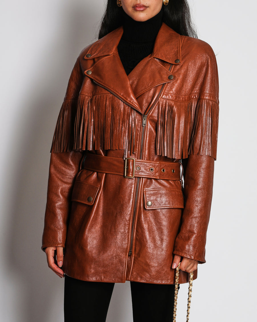 Chloé Belted Leather Jacket in Clay Brown with Fringe Details Size FR 40 (UK 12) RRP £5,700