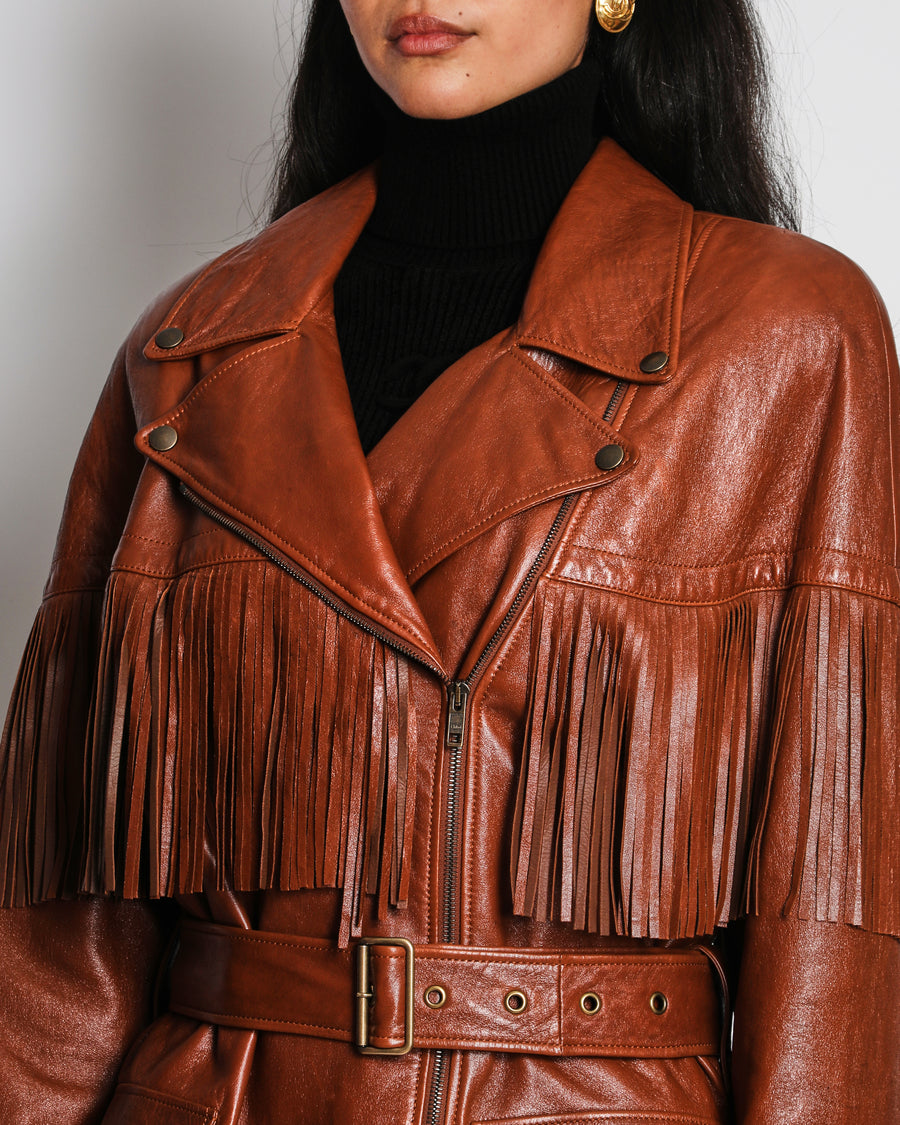 Chloé Belted Leather Jacket in Clay Brown with Fringe Details Size FR 40 (UK 12) RRP £5,700