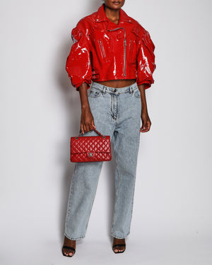 Simone Rocha SS22 Red Bubble Mid Sleeve Patent Leather Jacket with Ruffle Pockets and Buckle Details Size UK 12 RRP £2,200