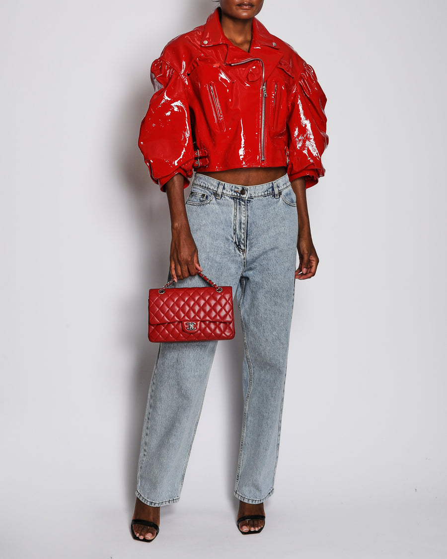 Simone Rocha SS22 Red Bubble Mid Sleeve Patent Leather Jacket with Ruffle Pockets and Buckle Details Size UK 12 RRP £2,200