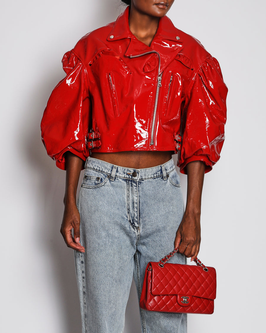 Simone Rocha SS22 Red Bubble Mid Sleeve Patent Leather Jacket with Ruffle Pockets and Buckle Details Size UK 12 RRP £2,200