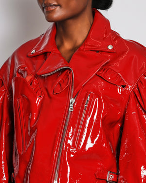 Simone Rocha SS22 Red Bubble Mid Sleeve Patent Leather Jacket with Ruffle Pockets and Buckle Details Size UK 12 RRP £2,200
