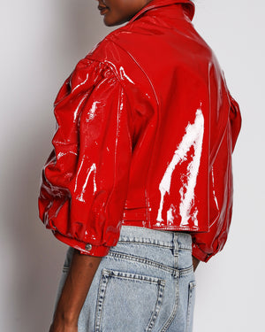 Simone Rocha SS22 Red Bubble Mid Sleeve Patent Leather Jacket with Ruffle Pockets and Buckle Details Size UK 12 RRP £2,200