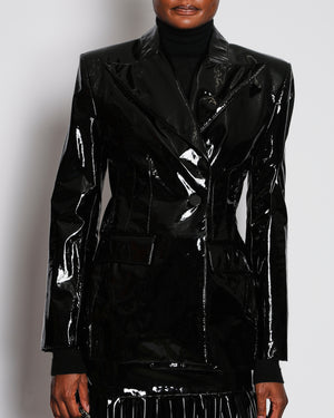 Nina Ricci Fitted Blazer Jacket in Black Patent Leather with Padded Shoulders Size FR 40 (UK 12)