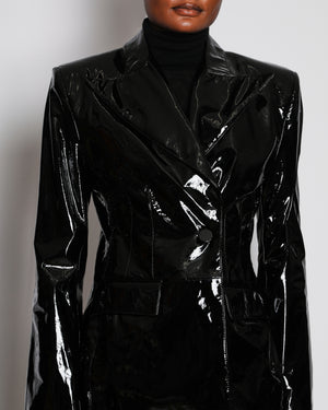 Nina Ricci Fitted Blazer Jacket in Black Patent Leather with Padded Shoulders Size FR 40 (UK 12)