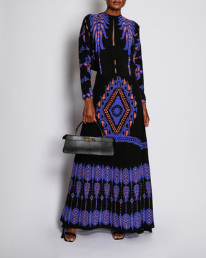 Johanna Ortiz Black, Purple and Orange Botanical Print Silk Long Sleeve Top and Maxi Skirt Set Size US 4 (UK 8)