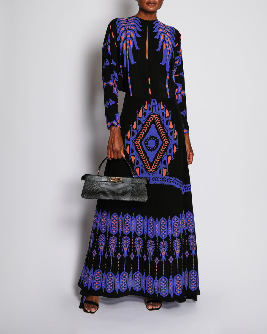 Johanna Ortiz Black, Purple and Orange Botanical Print Silk Long Sleeve Top and Maxi Skirt Set Size US 4 (UK 8)