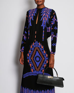 Johanna Ortiz Black, Purple and Orange Botanical Print Silk Long Sleeve Top and Maxi Skirt Set Size US 4 (UK 8)