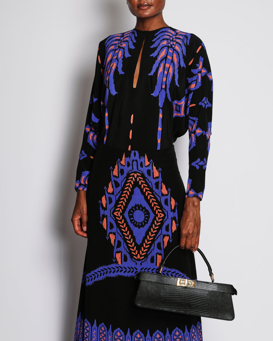 Johanna Ortiz Black, Purple and Orange Botanical Print Silk Long Sleeve Top and Maxi Skirt Set Size US 4 (UK 8)